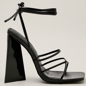 Black Strappy Faux Leather Flare Block Heels
